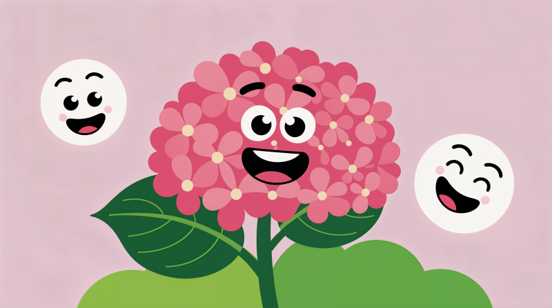 {{ A vibrant cartoon hydrangea with a happy face and two smiling speech bubbles on a soft pink background, designed as a 4K Ultra HD PC desktop wallpaper. 