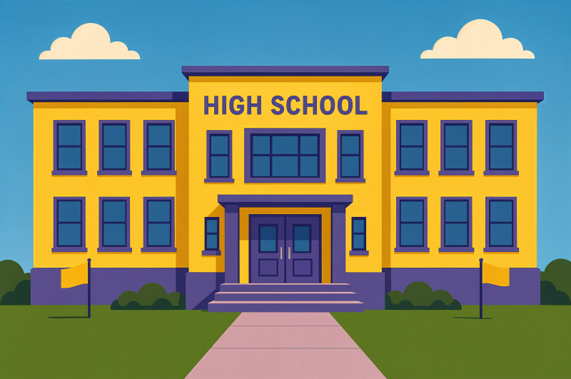 {{ Illustration of a bright yellow high school building under a blue sky, designed as a 4K Ultra HD PC desktop wallpaper and background. 