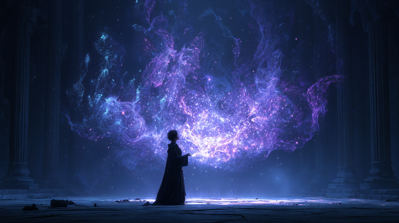 {{ A silhouette of a figure casting a glowing, swirling purple magic spell in a dark, mystical setting, rendered in 4K Ultra HD fantasy wallpaper quality. 