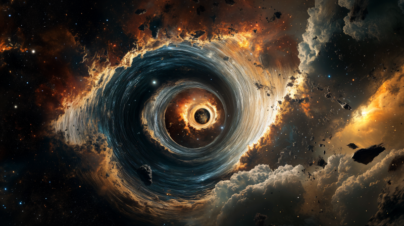 {{ Sci-fi 4K Ultra HD PC desktop wallpaper depicting a swirling wormhole ripping through fiery clouds, debris and cosmic light, drawing the eye into a bright central event horizon.