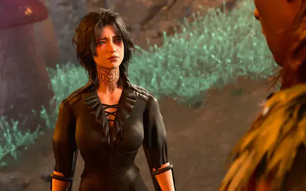 A high-definition desktop wallpaper featuring Evelyn from Baldur's Gate 3, set against a vibrant, mystical background with dramatic lighting and intriguing expressions.