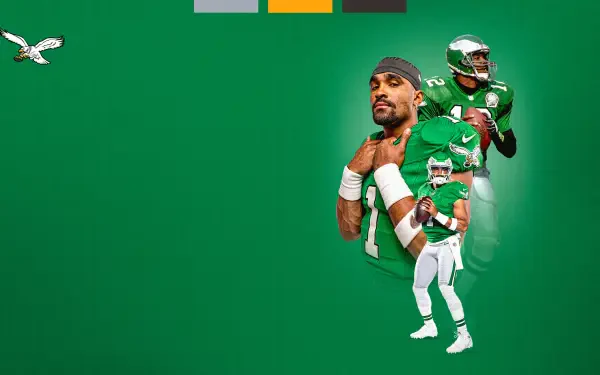 A vibrant HD wallpaper featuring Philadelphia Eagles players in green uniforms, showcasing the team spirit of NFL football, accented by an eagle graphic.