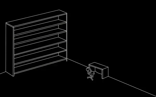 A minimalist HD desktop wallpaper featuring a simple line drawing of a bookshelf and a desk with a chair against a black background, evoking a clever and modern aesthetic.