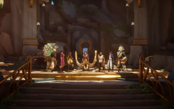 A group of diverse characters stands in a grand setting, illuminated by soft light, showcasing themes from the video game Eternal Strands in this 4K Ultra HD PC desktop wallpaper.