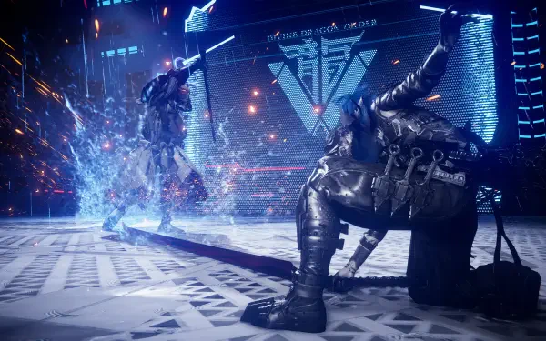 Dynamic HD wallpaper from Ninja Gaiden 4, featuring an intense battle scene with sleek, futuristic characters and vivid lighting effects in a digital arena.