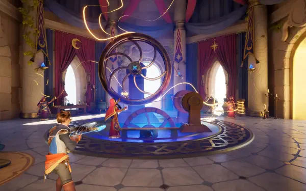 A vibrant scene from the video game Orcs Must Die! Deathtrap, showcasing a character preparing for battle in a richly decorated room with mystical elements, captured in 4K Ultra HD.