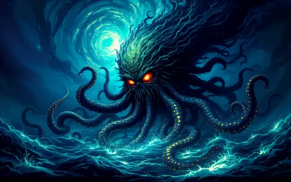 A vivid Lovecraftian horror scene, featuring a massive creature with glowing eyes and tangled tentacles amidst tumultuous ocean waves, set against a swirling blue vortex in 4K Ultra HD.