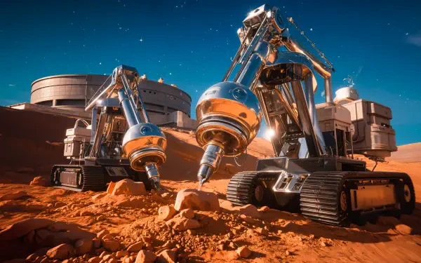 A futuristic scene of space mining, featuring advanced robotic machinery on a Martian landscape, set against a backdrop of stars and a distant facility. 4K Ultra HD quality.