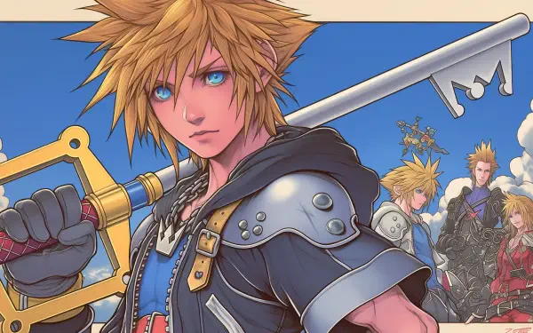Sora from Kingdom Hearts stands confidently with his Keyblade, surrounded by a vibrant blue sky and multiple images of himself, creating a dynamic and engaging wallpaper for fans.