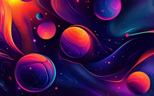 A vibrant, abstract HD desktop wallpaper featuring colorful retro-futuristic elements with swirling shapes and celestial spheres against a dark backdrop.