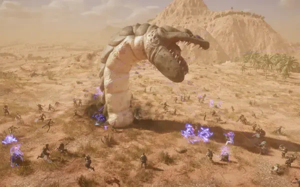 A dynamic scene from The Quinfall video game, featuring a massive creature towering over soldiers in a desert landscape, set against a backdrop of mountains. HD PC desktop wallpaper.