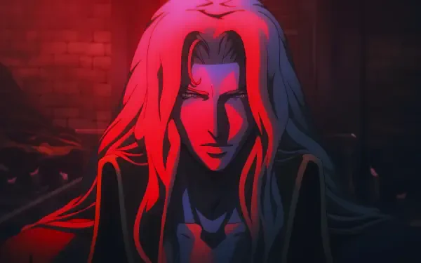 A striking 4K Ultra HD wallpaper featuring Alucard from Castlevania, illuminated by dramatic red lighting, capturing the intensity and atmosphere of the anime.