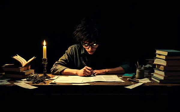 A dark academia scene featuring a person studying at a dimly lit desk, illuminated by candlelight, surrounded by stacks of books and scattered papers, in 4K Ultra HD quality.