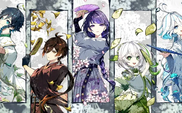 HD PC desktop wallpaper featuring Venti, Zhongli, Baal Raiden Shogun, Nahida, and Furina from Genshin Impact, each character framed with seasonal and elemental motifs.