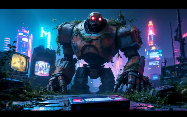 A giant, rusty robot looms in a neon-lit cityscape, surrounded by overgrown plants and vintage television sets, capturing a blend of decay and futuristic vibes in this 4K Ultra HD desktop wallpaper.