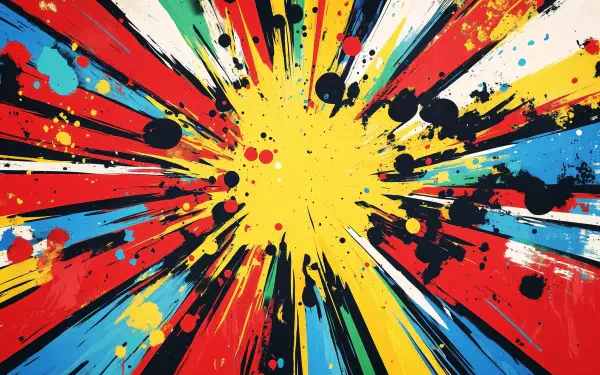A vibrant pop art explosion in bold colors, featuring dynamic streaks of red, blue, and yellow with splashes of black and dots, designed as an HD desktop wallpaper.