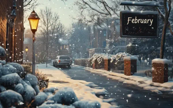 A serene winter landscape in February, depicting a snowy street adorned with soft, white snowflakes, a glowing streetlamp, and a sign marking the month.