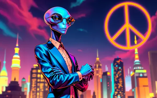 A stylish alien diplomat stands confidently against a vibrant city skyline, wearing glasses and a suit, with a glowing peace symbol in the background. 4K Ultra HD wallpaper.