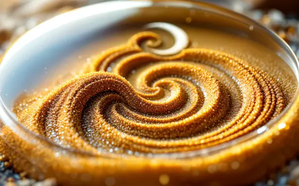 A captivating close-up of intricate sand art, featuring swirling patterns in golden hues, presented in stunning 4K Ultra HD, ideal as a desktop wallpaper or background.