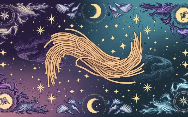 A whimsical 4K Ultra HD wallpaper featuring swirling spaghetti amidst a cosmic background of stars, moons, and mythical creatures, blending food and fantasy in vibrant colors.