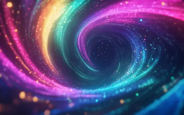 A vibrant, swirling rainbow of colors forms a captivating circle, filled with sparkling lights, creating an enchanting HD desktop wallpaper and background.