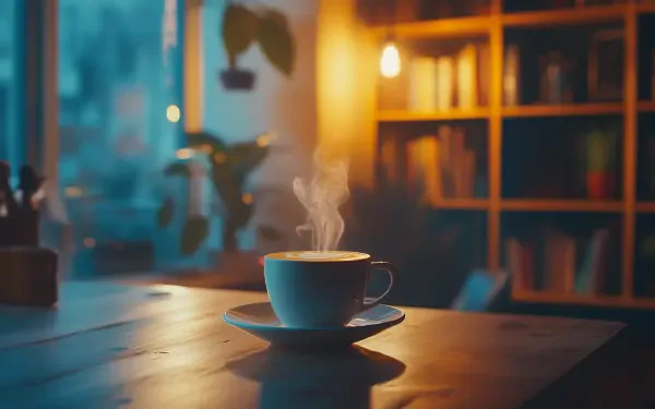 A cozy coffee shop scene featuring a steaming cup on a wooden table, illuminated by warm light, with bookshelves and plants in the background, creating a serene ambiance.