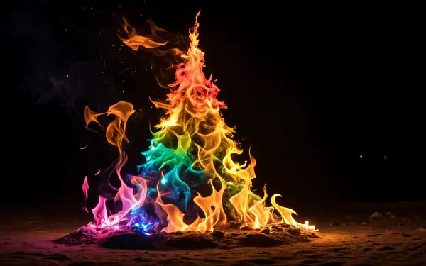 A vibrant and colorful depiction of flames forming a tree shape against a dark background, creating a striking 4K Ultra HD PC desktop wallpaper.