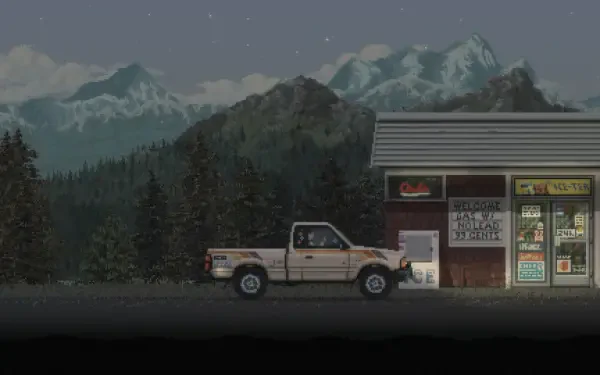 A stylized HD wallpaper from the video game Keep Driving, featuring a pickup truck parked outside a small store with mountains in the background under a starry sky.