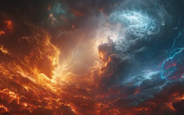 A dramatic HD wallpaper depicting a god-like figure emerging from fiery clouds, illuminated by lightning strikes against a vibrant sky, showcasing an epic atmospheric clash.