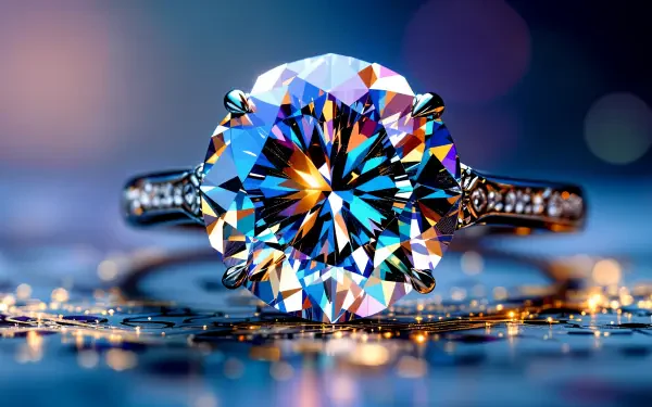 A stunning diamond ring with a large, multicolored gemstone sparkles against a beautifully blurred background, showcased in vibrant 4K Ultra HD quality for a striking desktop wallpaper.