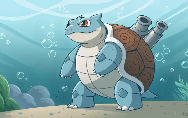 Blastoise, the Water-type Pokémon, stands confidently underwater, showcasing its powerful features in this vibrant 4K Ultra HD desktop wallpaper and background.