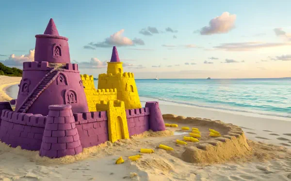 A vibrant sandcastle in purple and yellow stands on a serene beach, framed by gentle waves and a colorful sky, captured in stunning 4K Ultra HD.