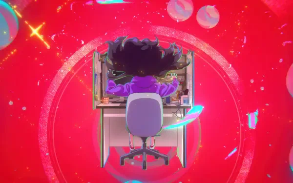 A vibrant 4K Ultra HD anime wallpaper featuring Natsuko Hirose, showcasing a character at a computer surrounded by colorful, swirling elements against a striking red background.