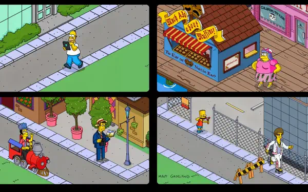 A vibrant 4K Ultra HD wallpaper featuring scenes from the video game The Simpsons: Tapped Out, showcasing iconic characters and colorful Springfield locations.