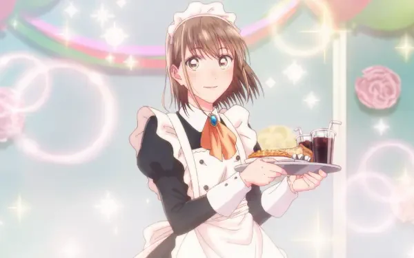 Anime HD PC wallpaper of Chinatsu Kano from Blue Box dressed as a maid, smiling while holding a tray with desserts against a pastel, sparkly background with roses.