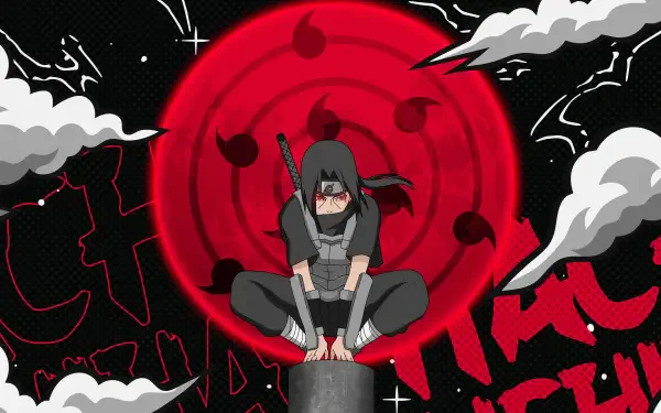 Naruto-themed 8K Ultra HD PC desktop wallpaper featuring a character crouching in front of a glowing red, circular seal with black markings and swirling clouds.