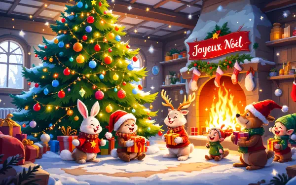 A festive 4K Ultra HD Christmas party scene with cheerful animals exchanging gifts by a decorated tree and a cozy fireplace.