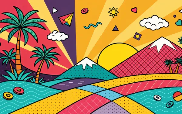 Colorful 4K Ultra HD desktop wallpaper featuring vibrant mountains, stylized palm trees, and a whimsical sun, set against a dynamic backdrop of geometric shapes and patterns.