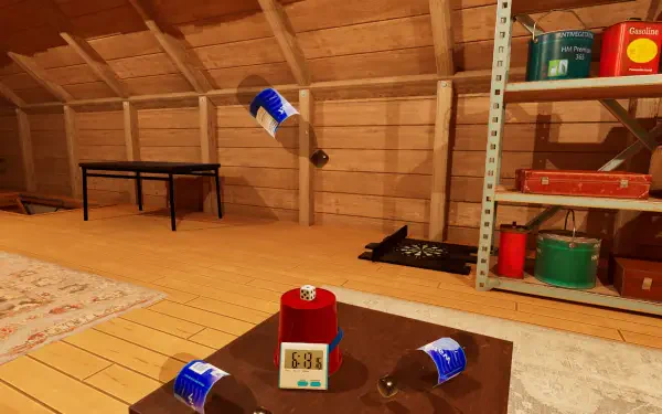 A vibrant HD wallpaper from TrickShot Simulator, featuring a playful indoor scene with flying cans and a digital timer, showcasing engaging gameplay elements.