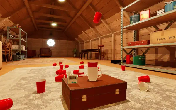 A vibrant HD wallpaper featuring an interior space from TrickShot Simulator, showcasing scattered red cups and a focal point of a box with a cup on it, capturing the playful spirit of the game.