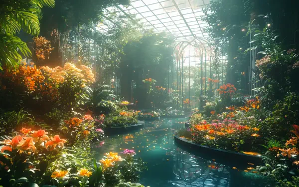 A serene solarpunk flower garden filled with vibrant plants and flowers, featuring a tranquil waterway, all illuminated by gentle sunlight streaming through a glass structure.