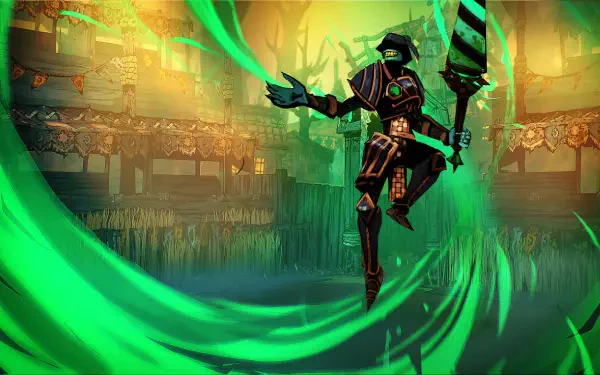 A dynamic image from the video game Sworn, featuring a character wielding a staff amidst swirling green energy, set against a vibrant, mystical background. HD PC desktop wallpaper.