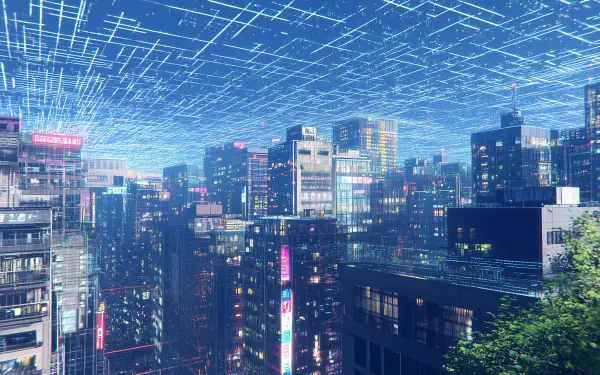 A vibrant cybernetic cityscape illuminated by neon lights, featuring towering buildings and a network of digital lines overhead, designed as a stunning HD PC desktop wallpaper.