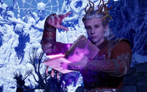 A necromancer from the video game Avowed conjures magical energy from an enchanted book, set against a haunting, dark backdrop filled with eerie skeletal figures.