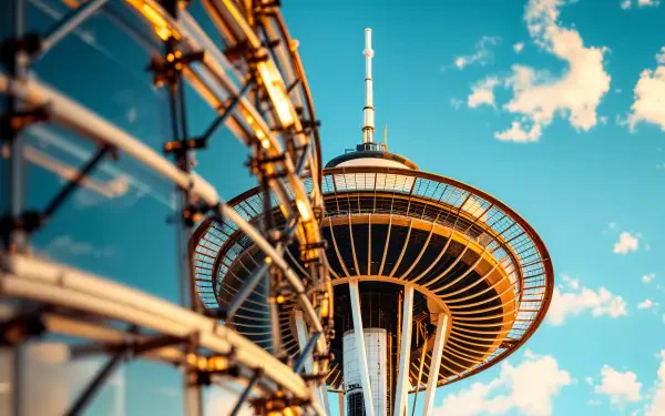 A stunning view of the Space Needle against a blue sky, showcasing its iconic structure. This high-resolution image serves as a captivating PC desktop wallpaper.
