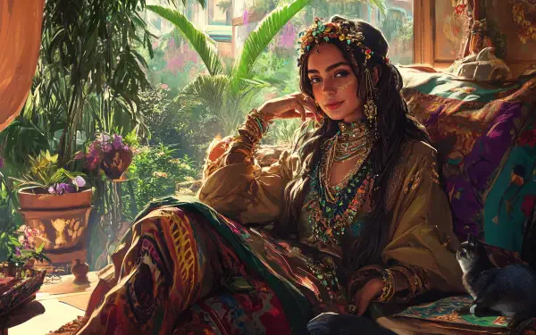 A serene bohemian woman sits thoughtfully amid lush greenery, adorned in vibrant clothing and jewelry, captured in a stunning 4K Ultra HD wallpaper.