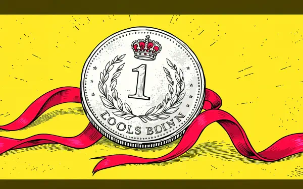A detailed illustration of a silver coin featuring a crown and laurel design, set against a vibrant yellow background with red ribbons, designed as a 4K Ultra HD PC desktop wallpaper.