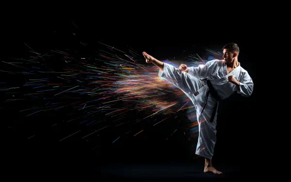 A dynamic karateka executes a high kick, with colorful sparks trailing behind, creating a striking visual effect against a dark background. 4K Ultra HD desktop wallpaper.