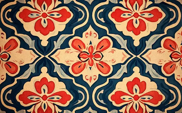 A vintage pattern featuring red and cream floral motifs on a deep blue background, presented as a 4K Ultra HD PC desktop wallpaper and background.