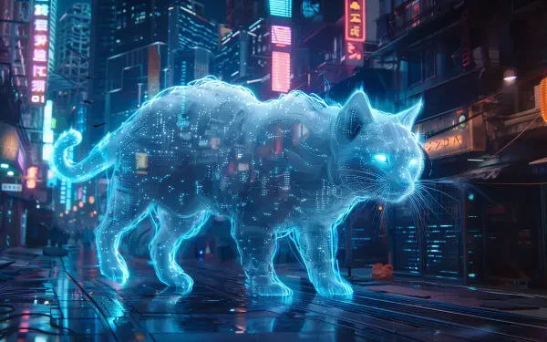 A stunning HD wallpaper featuring a holographic cat in a futuristic cityscape, illuminated by neon lights and reflecting a vibrant digital atmosphere.